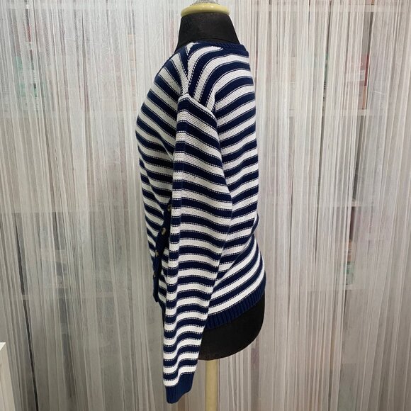 Garnet Hill Striped Sweater w/Button Decoration Size Small Nautical Navy White - Picture 3 of 12